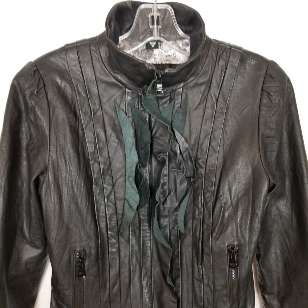 Guess Women 100% Leather Ruffle Front Jacket Sz XS Black Zip Up Short Y2K - Picture 2 of 10